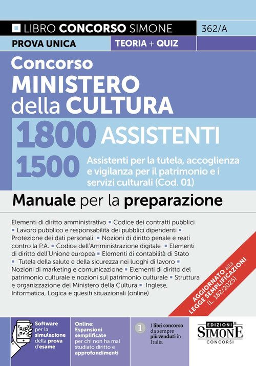 Concorso Ministero della Cultura 1800 assistenti. 1500 Assistenti per la tutela, accoglienza e vigilanza per il patrimonio e i servizi culturali (Cod. 01). Manuale