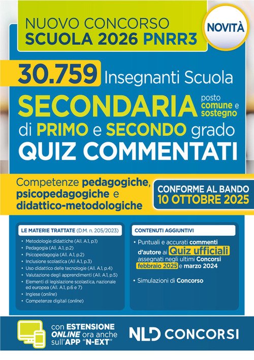 Concorso scuola PNRR3. Quiz commentati con svolgimento prove ufficiali concorso 2025 2026. Scuola secondaria
