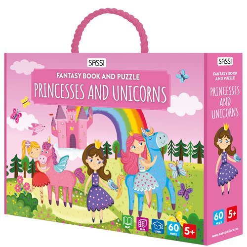 Princesses and unicorns. Fantasy book and puzzle